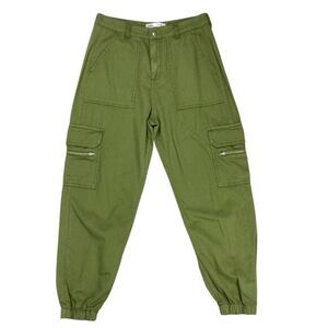 Zara Cargo Jogger Pants Sz 4 Army Green Relaxed Zip Pockets Elastic Cuff Casual